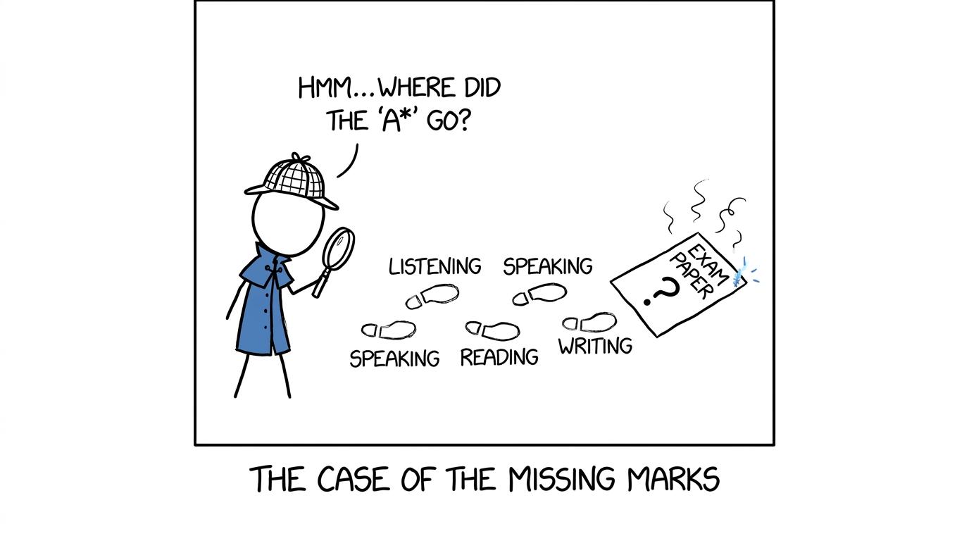 A student detective follows the trail of missing marks across four Arabic skills