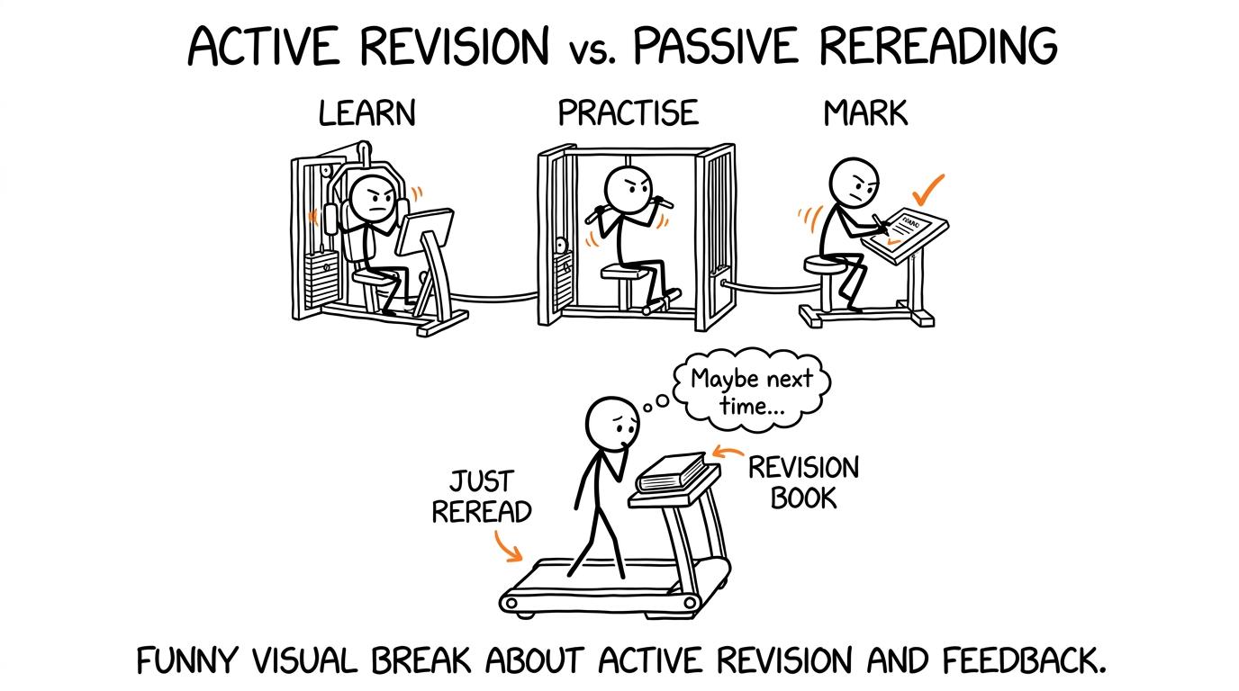A student trains with learning, practice and marking while a book attempts passive rereading