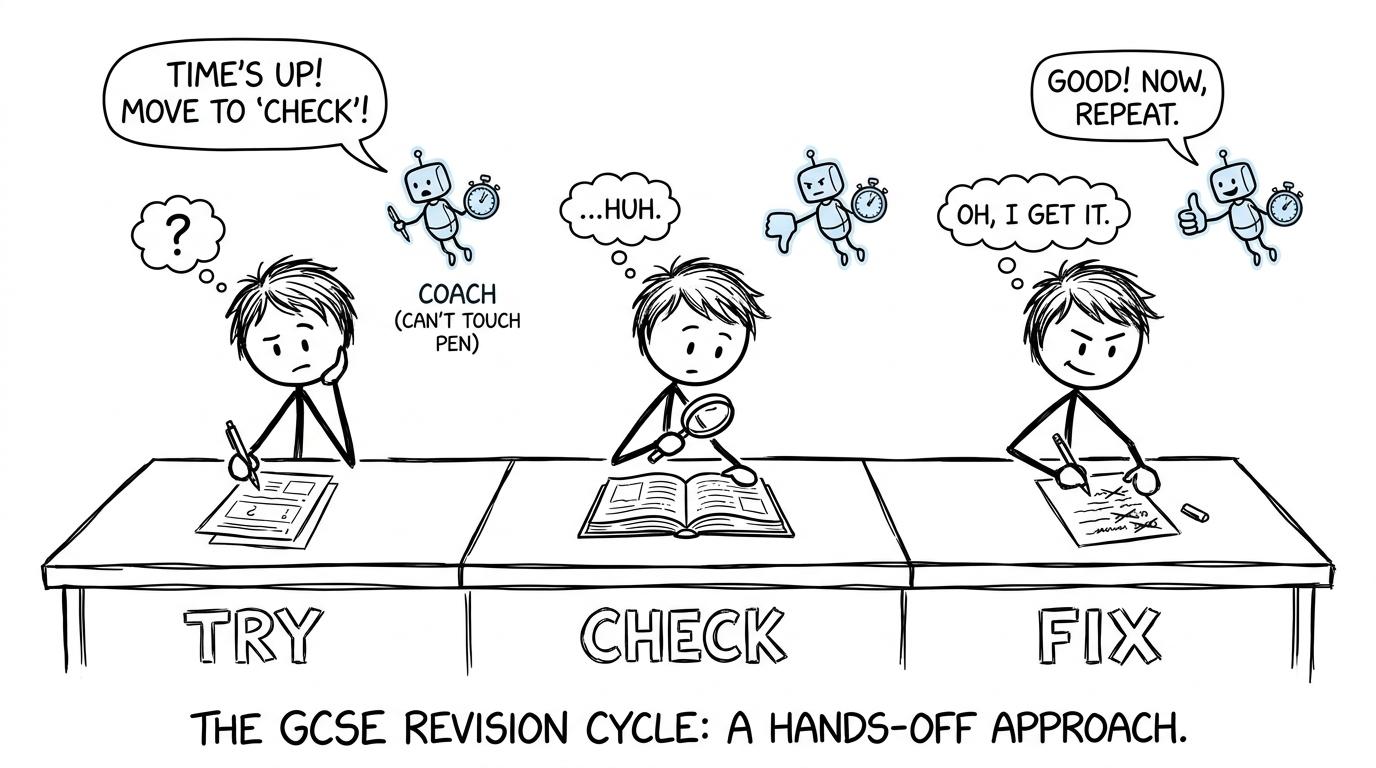 A student follows a Try, Check and Fix revision loop while an AI robot remains only a coach
