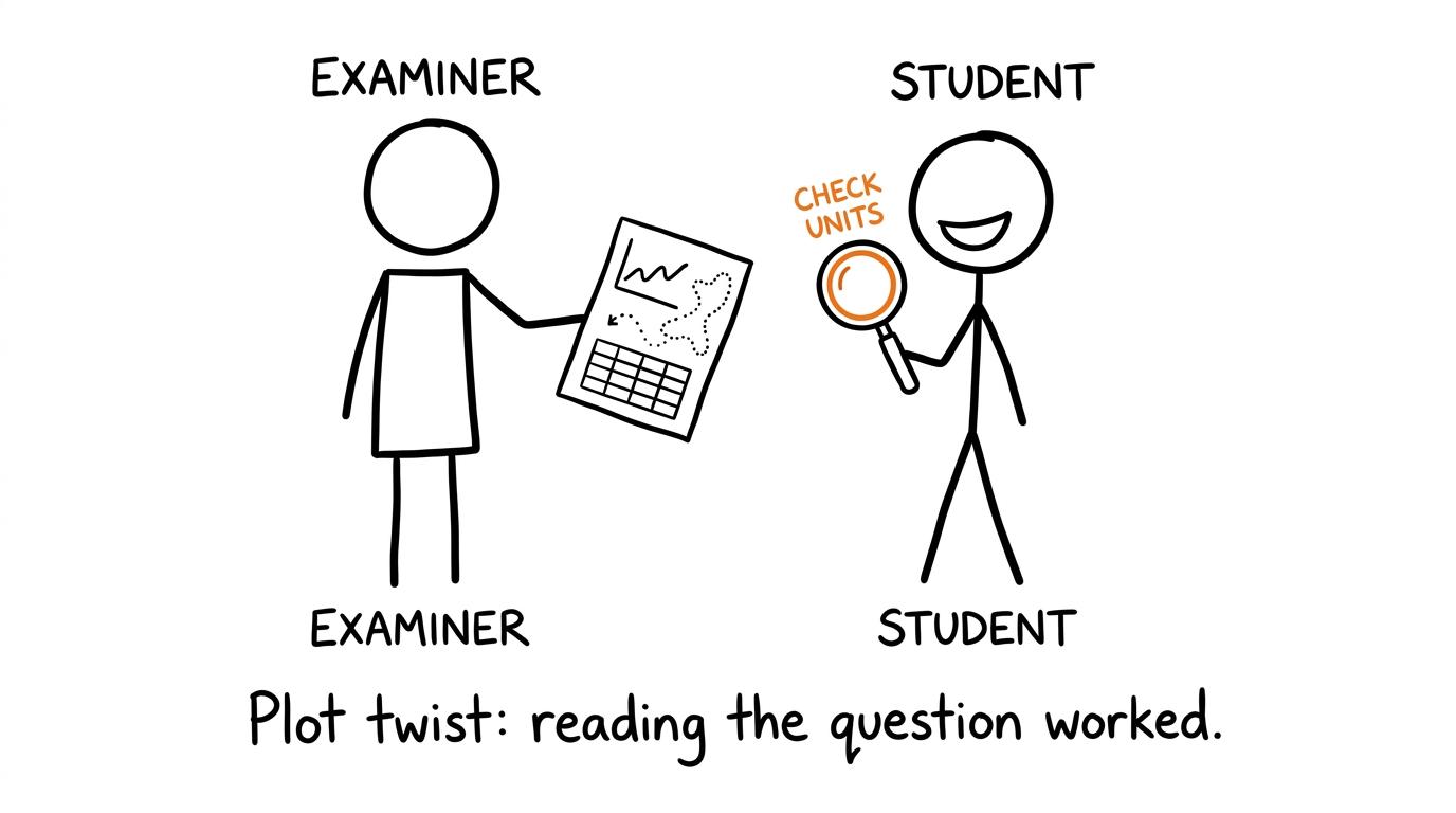 A student calmly investigates an examiner's mysterious graph and map