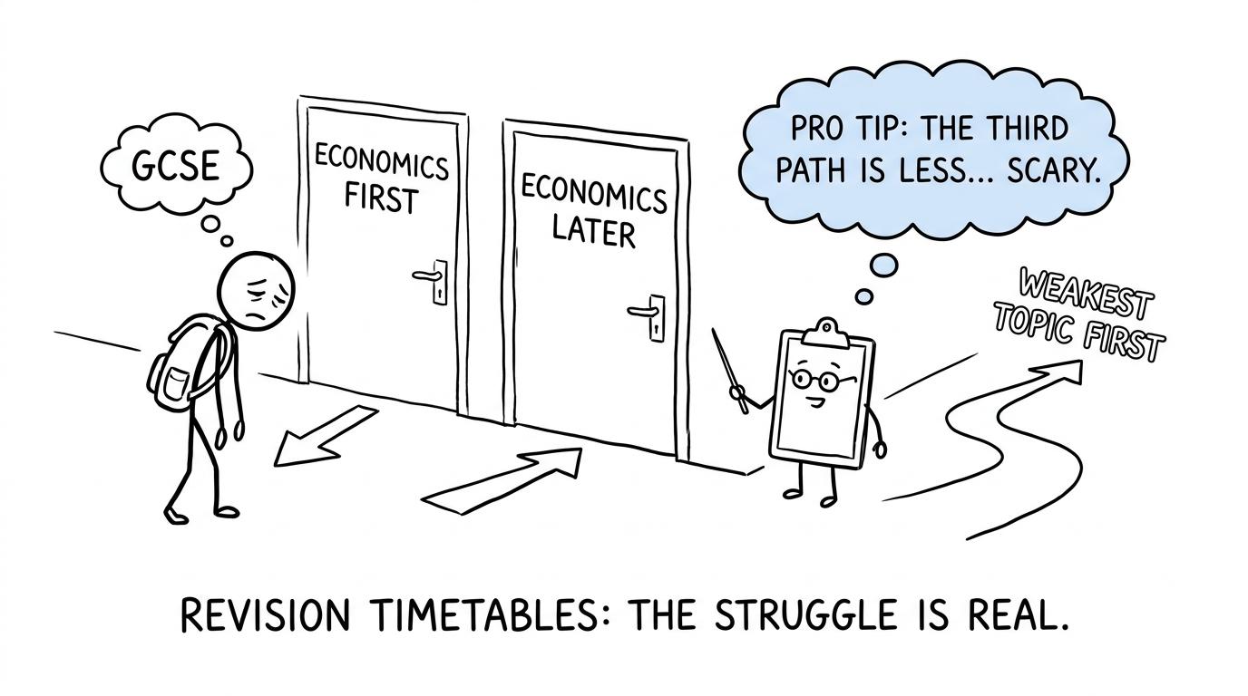 A student choosing between Economics first, Economics later and weakest topic first