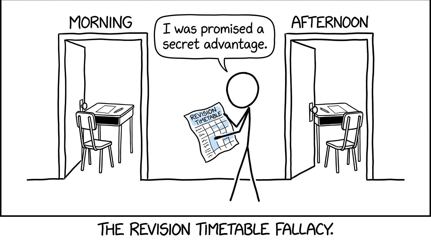 A student discovers that morning and afternoon lead to the same exam desk