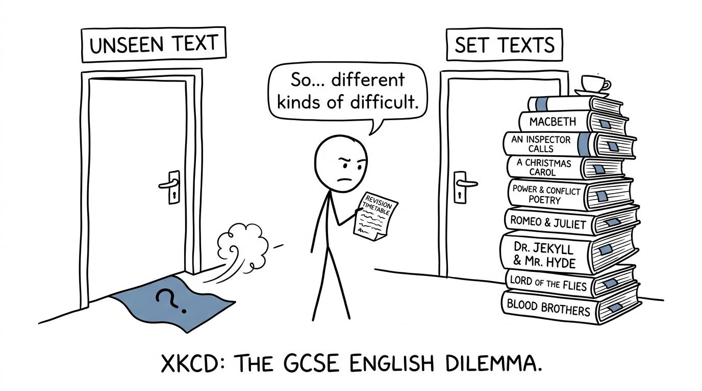 A student choosing between an unseen text and a tower of set books