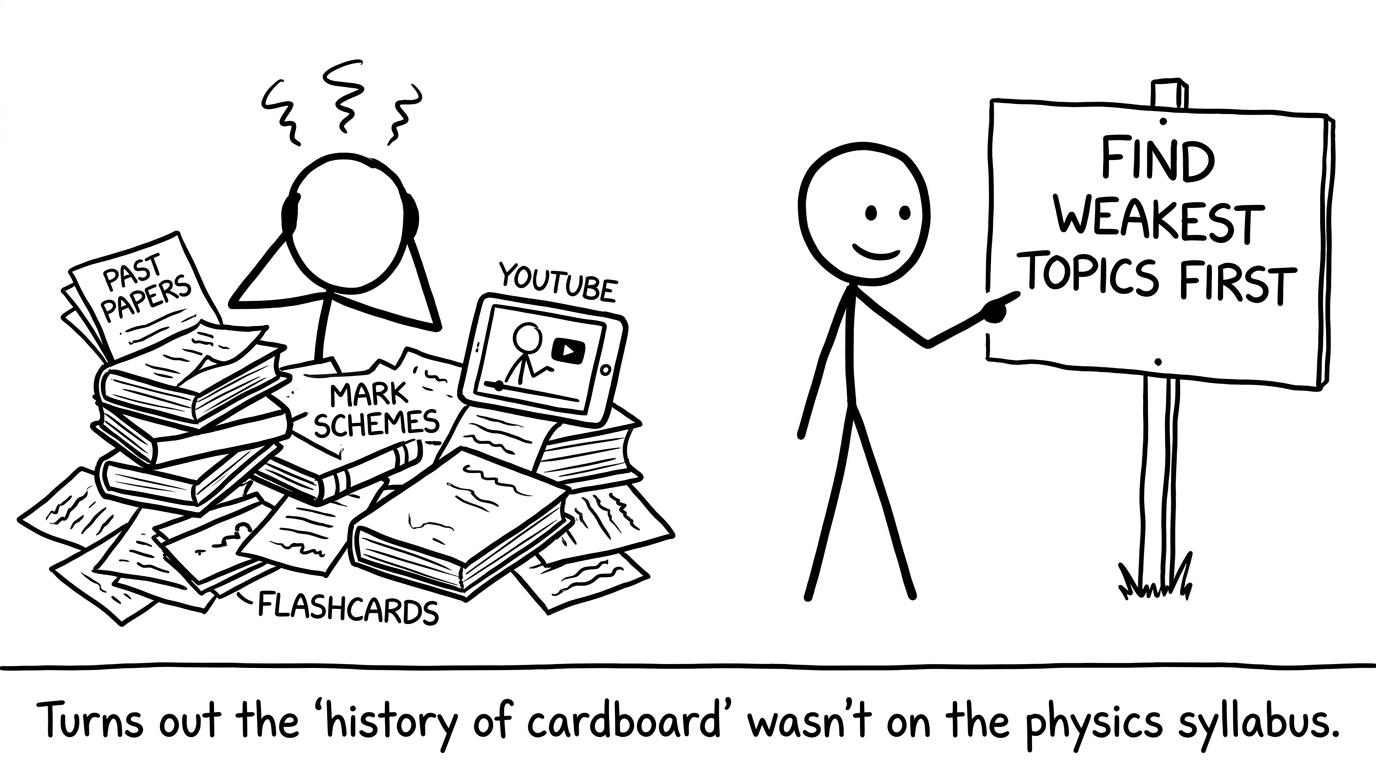 A stressed student realises they revised the wrong thing