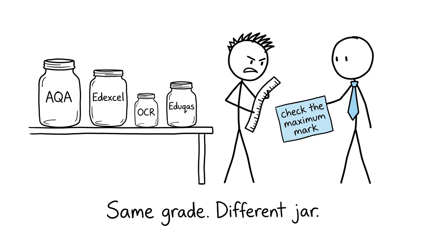 Four exam-board jars showing why maximum marks must be checked