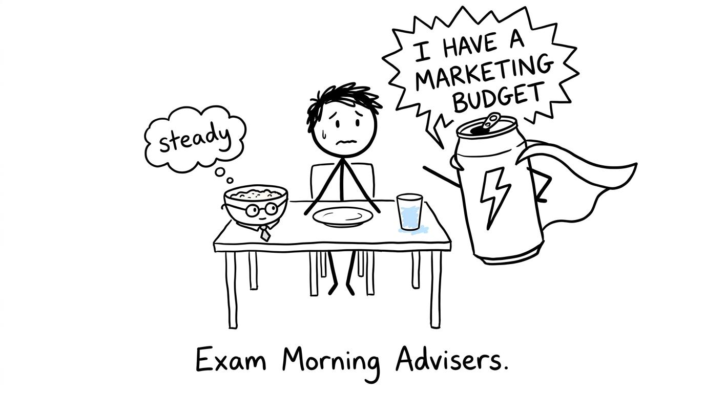 A bowl of porridge debates an overconfident energy drink before an exam