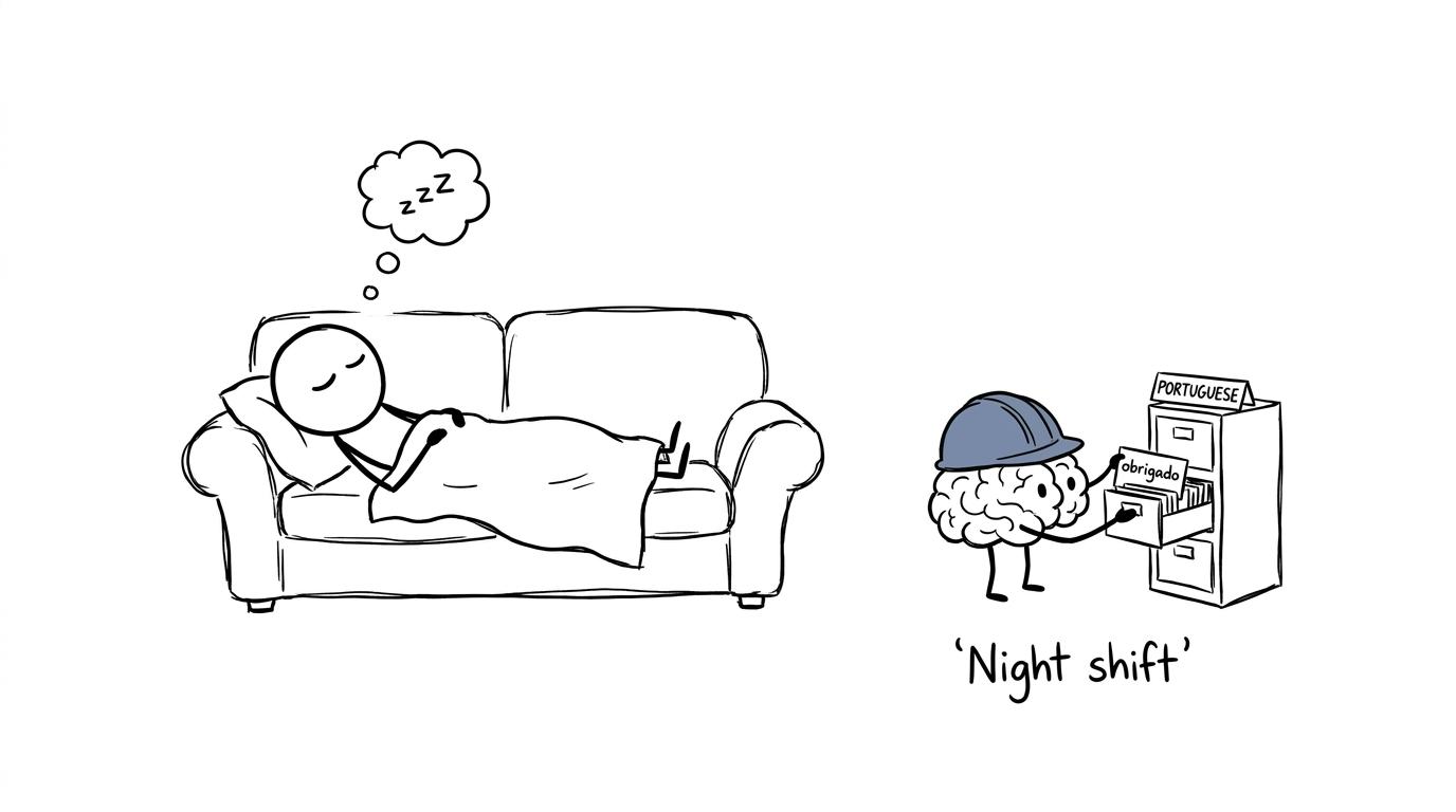 A tiny brain files vocabulary cards while a student rests