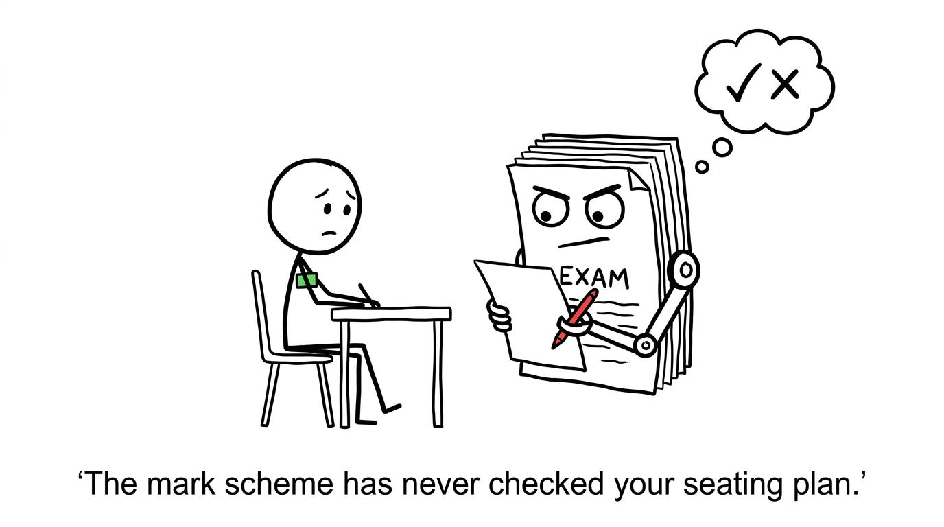 An exam robot ignores the student's set badge and checks only the submitted answers