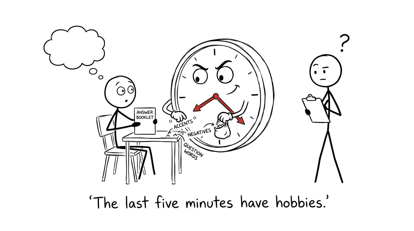 A cartoon clock steals accents and question words from a student's exam desk