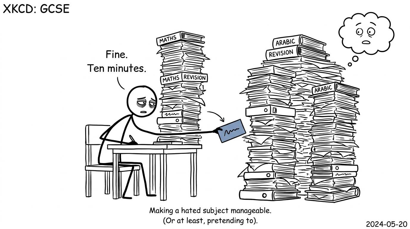 A student makes an intimidating revision pile manageable by committing to ten minutes