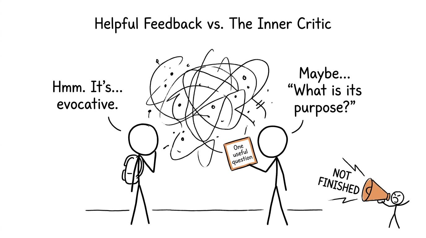 Two GCSE students offer useful critique while an oversized inner critic complains through a megaphone