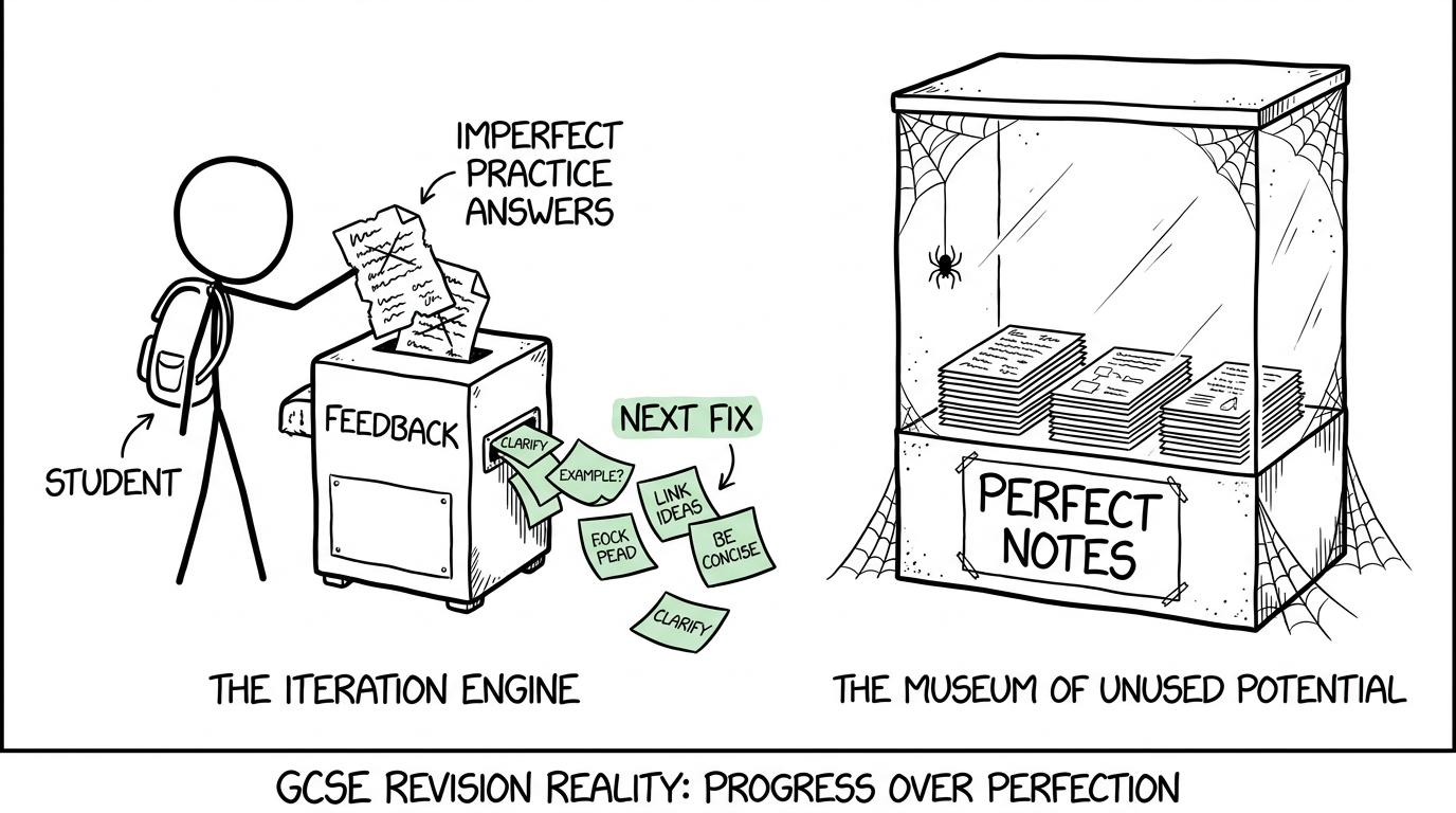 Imperfect practice goes through a feedback machine while perfect notes gather cobwebs