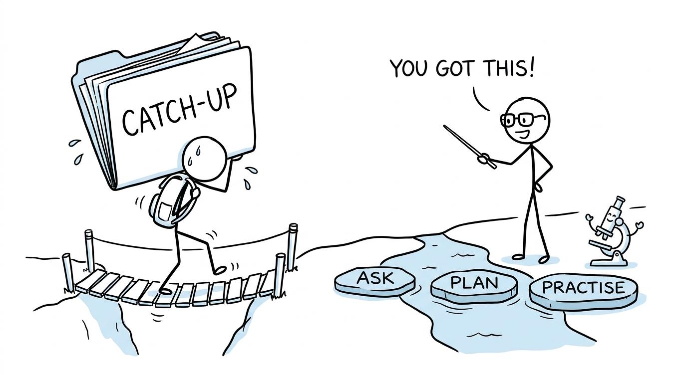 A student crossing the catch-up bridge using a simple plan
