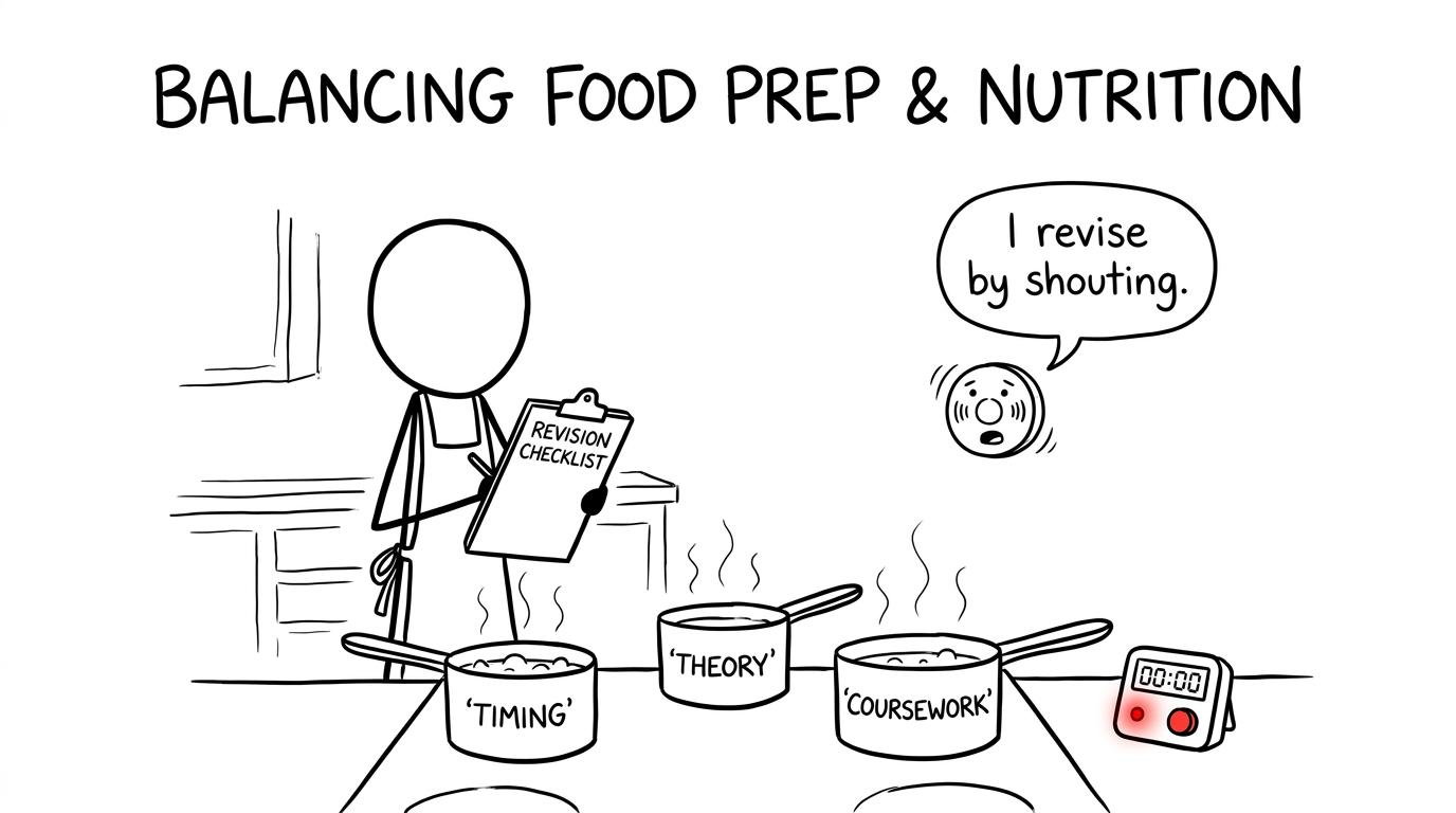A student balancing timing, theory and coursework in a kitchen