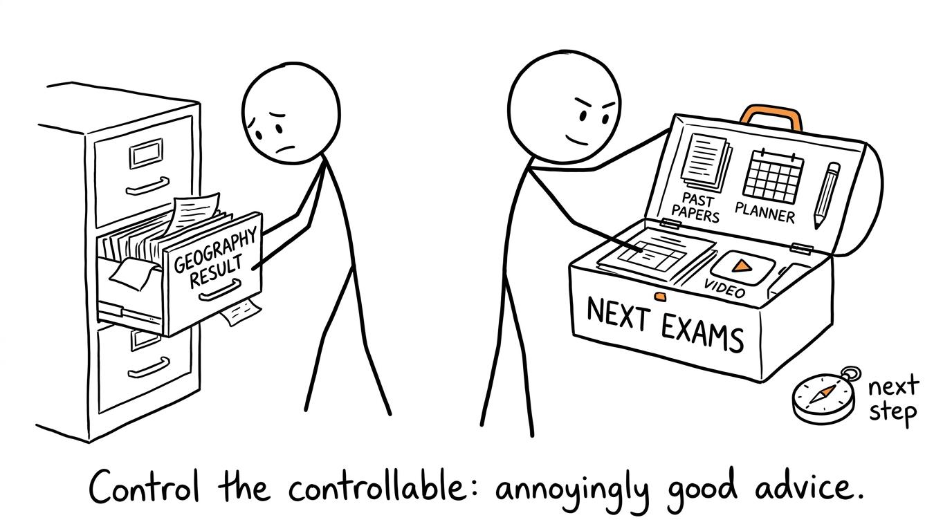 A student moving from a results cabinet to a revision toolbox