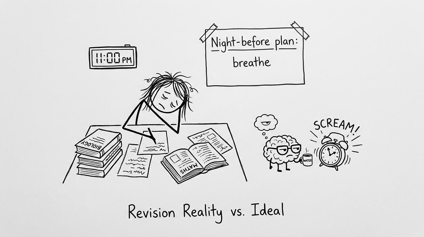 A late-night revision scene that chooses calm over panic