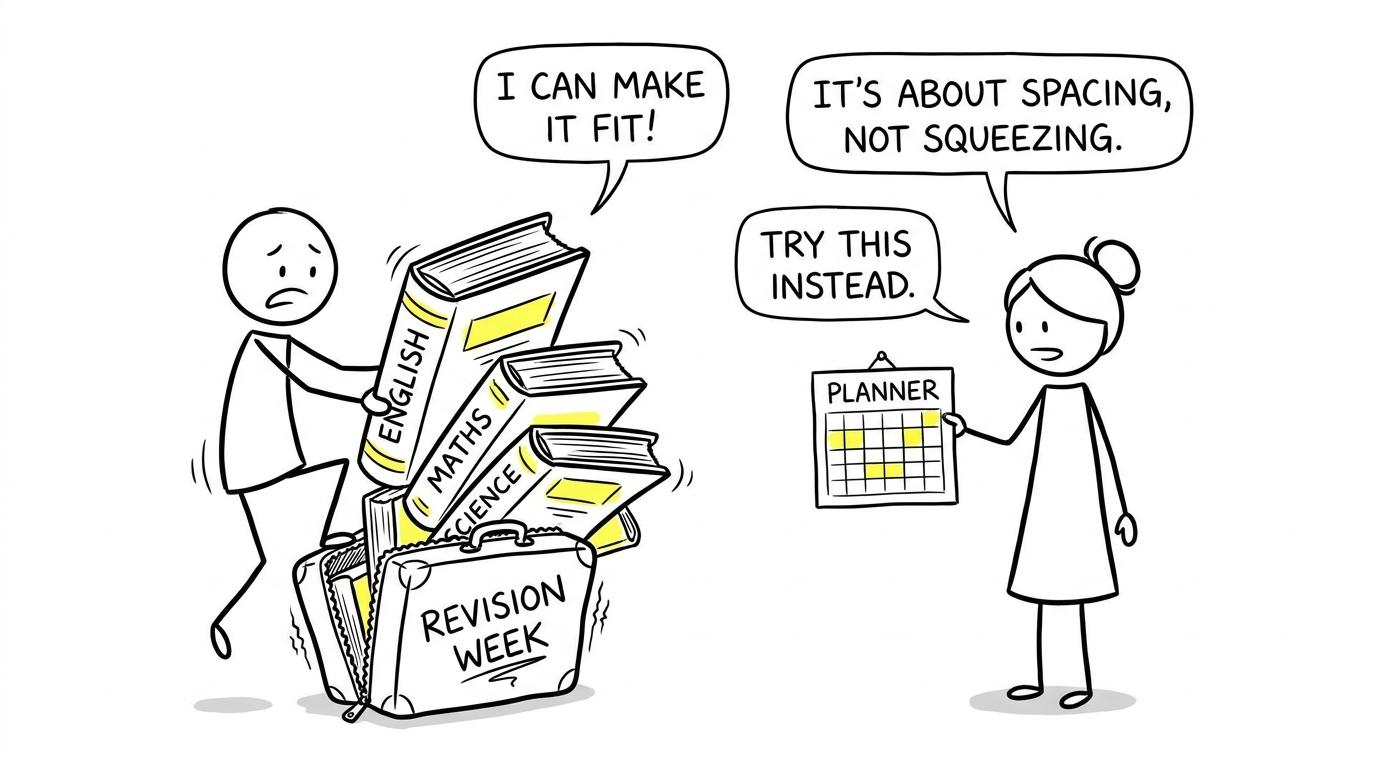 A student discovering that every subject will not fit into one revision week
