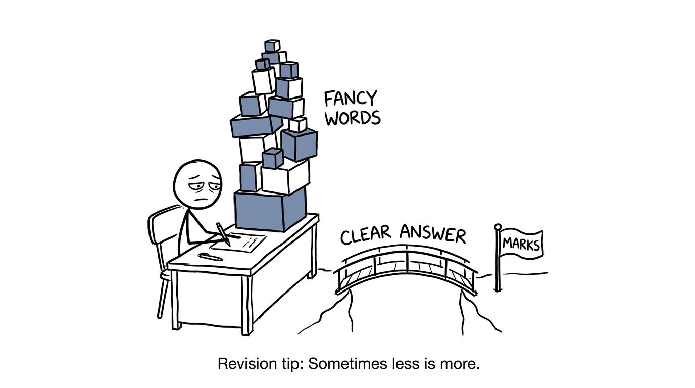 A clear answer reaches the marks while a tower of fancy words wobbles