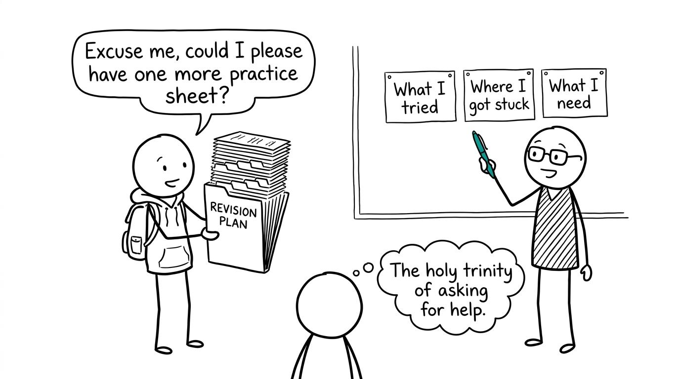 A student shows a teacher what they tried, where they got stuck and what they need