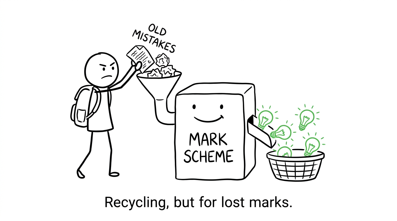 A student recycling old mistakes through a friendly mark-scheme machine