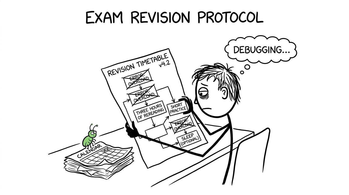 A student debugs an overloaded revision timetable while a tiny bug hides on the calendar