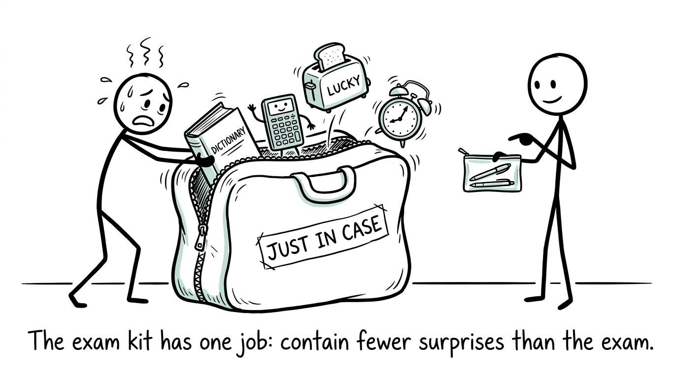 A student choosing between an enormous exam suitcase and a simple transparent pencil case