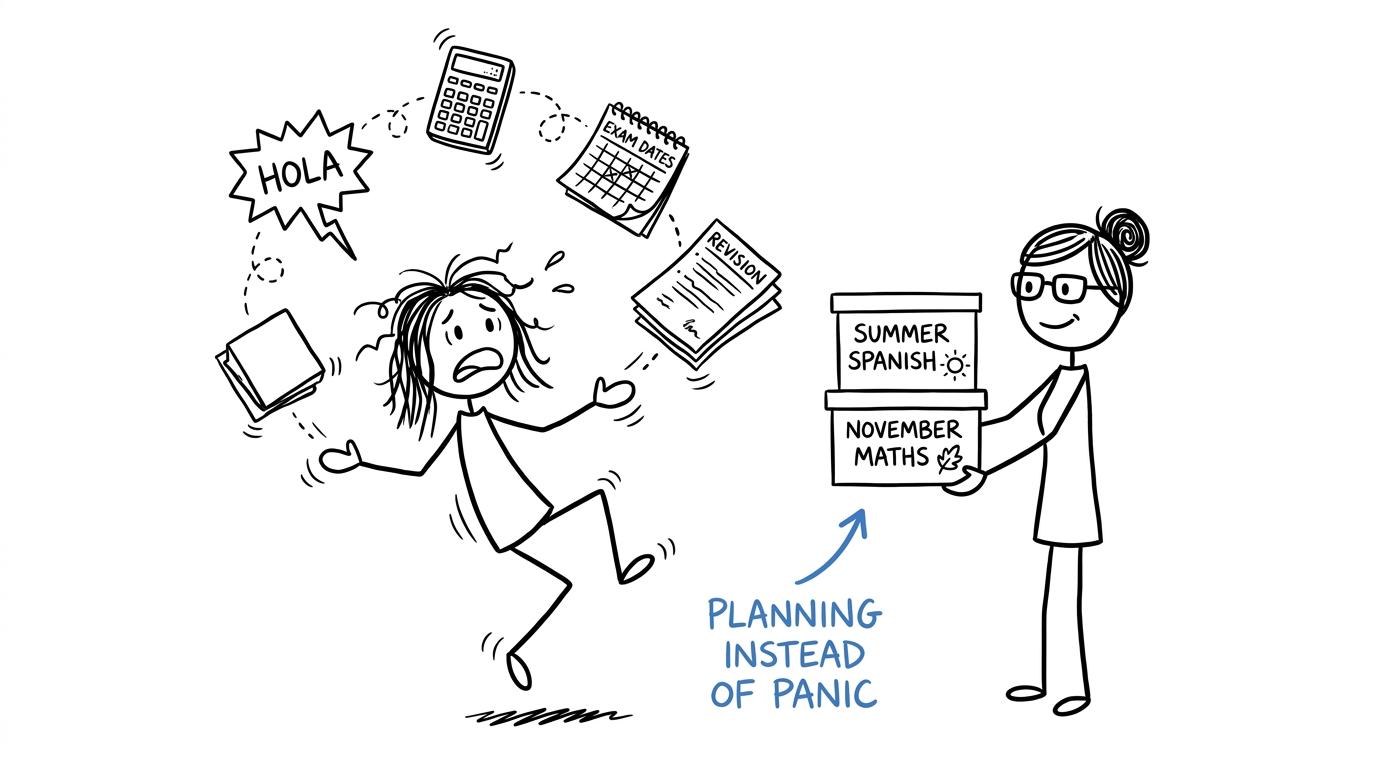 A calm revision plan replaces an impossible juggling act with separate summer Spanish and November maths boxes