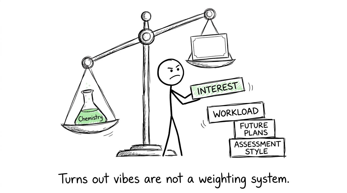 A student balances interest, workload, future plans and assessment style