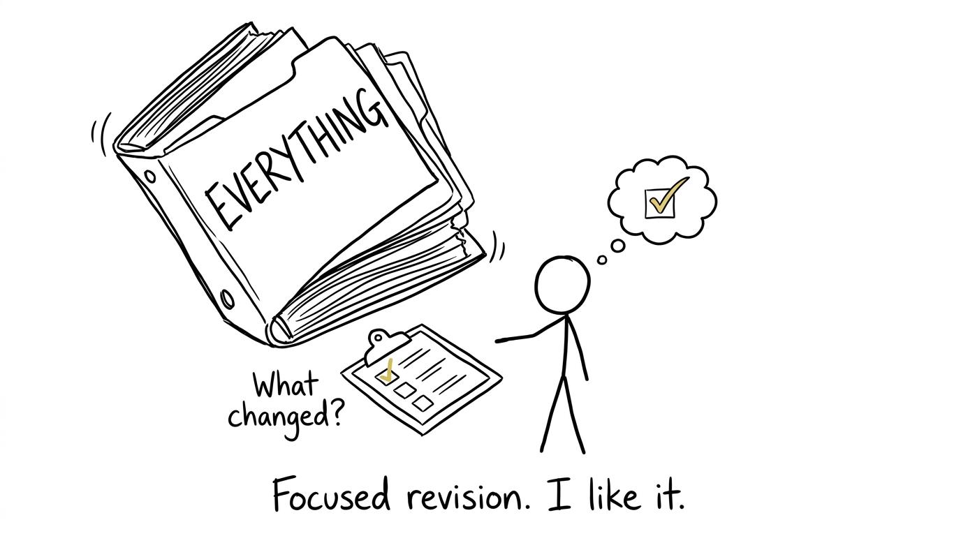 A student ignores an enormous everything folder and chooses a small checklist asking what changed