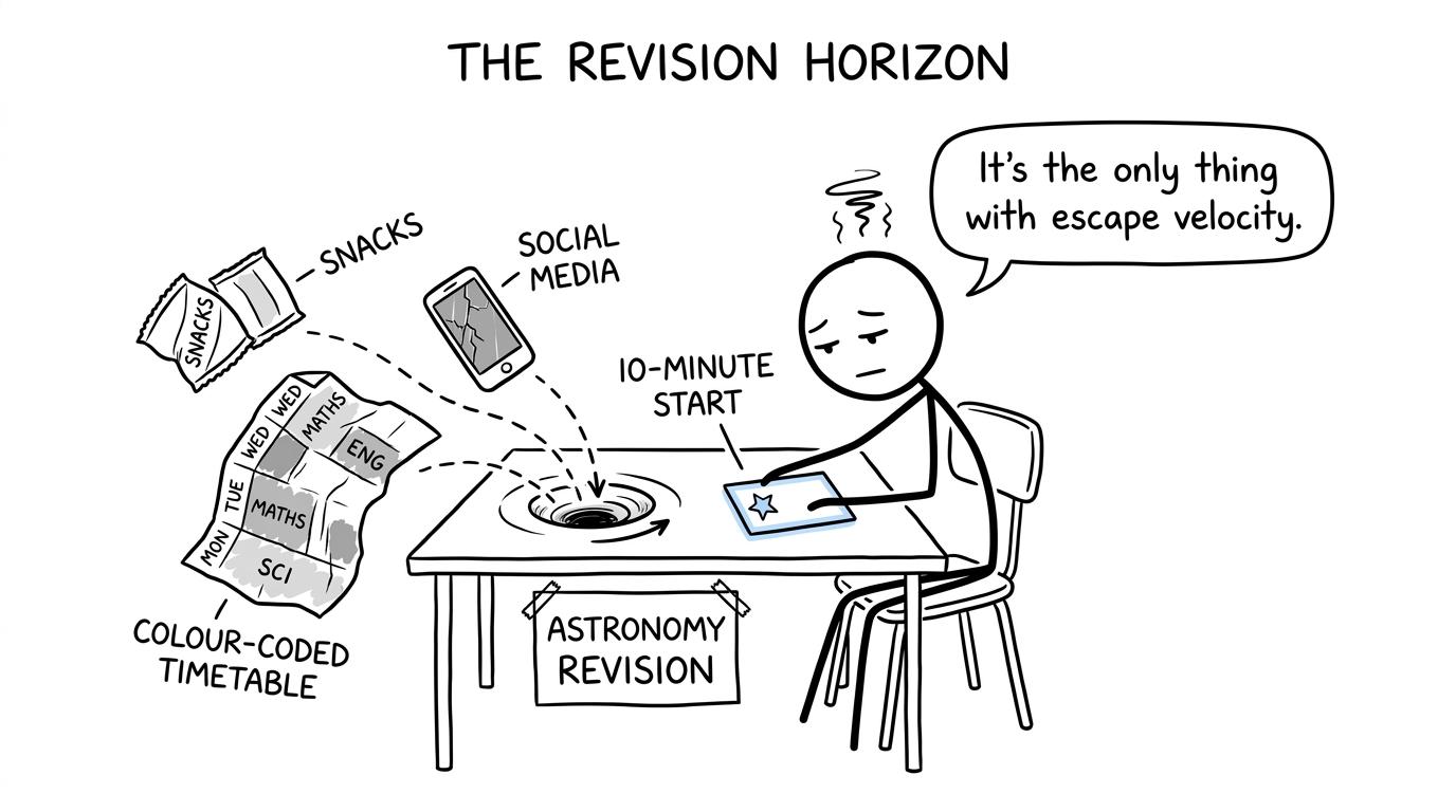 A tiny ten-minute revision card escapes an astronomy procrastination black hole
