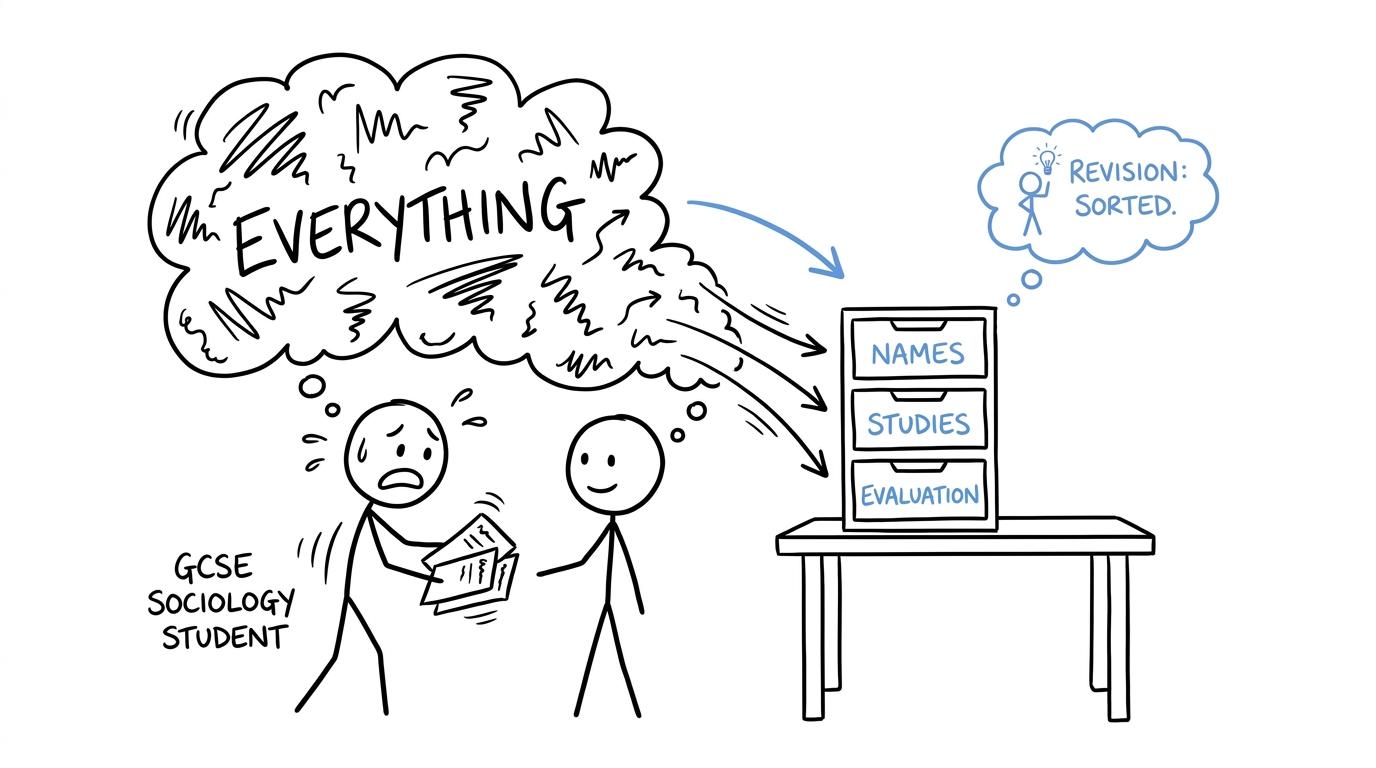 A student sorting an overwhelming Sociology revision cloud into manageable drawers