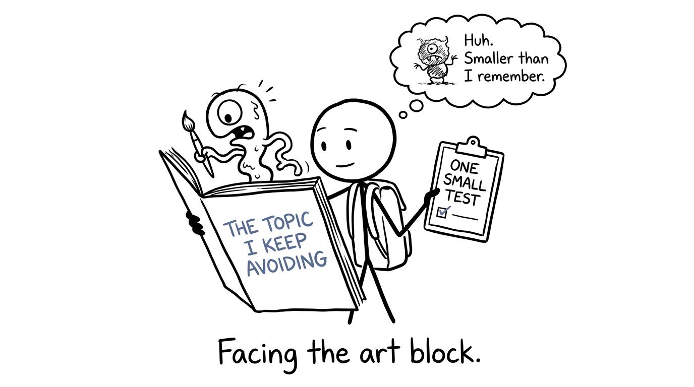 A student calmly confronting the tiny monster of an avoided art topic