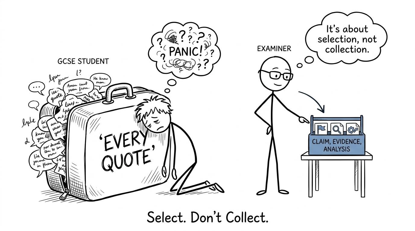 A student choosing a useful analytical toolkit instead of carrying every quotation