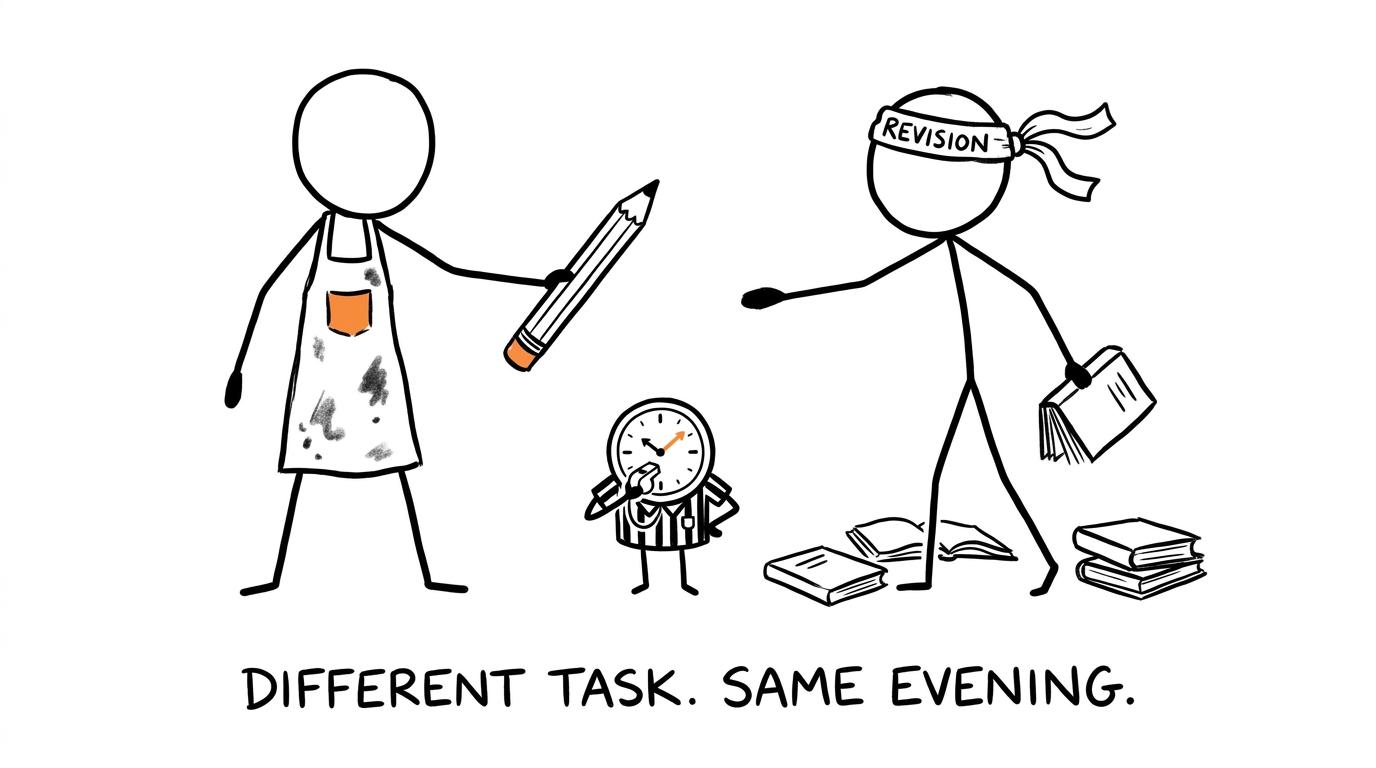 A student passing a pencil baton between art and revision versions of themselves