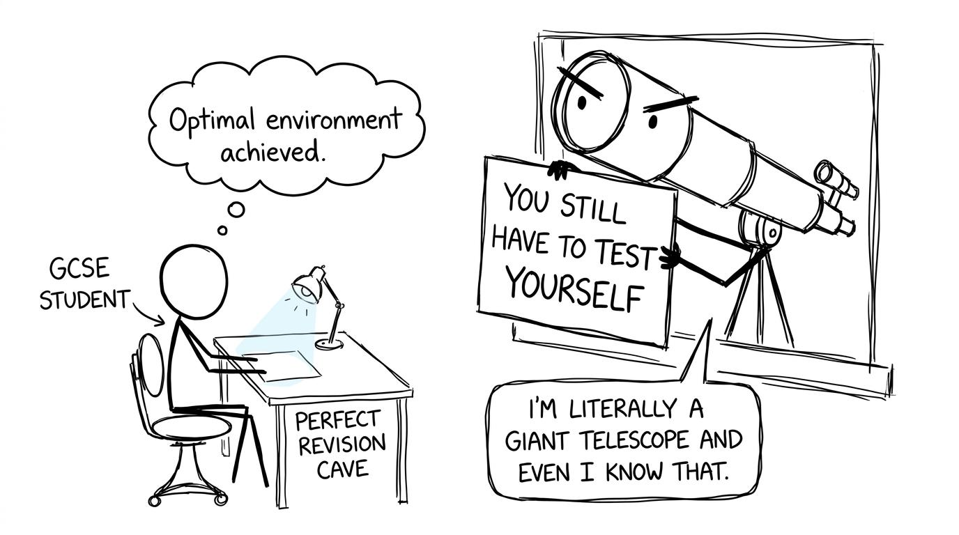A student discovers that a perfect revision cave cannot replace self-testing