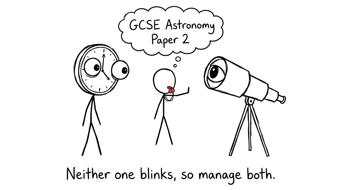 An exam clock and telescope compete in an unblinking staring contest