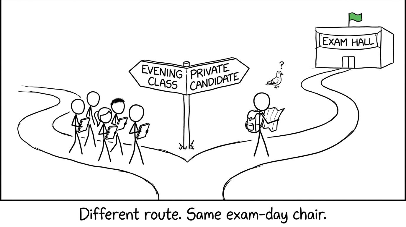 Two different adult-learning routes meeting at the same exam hall