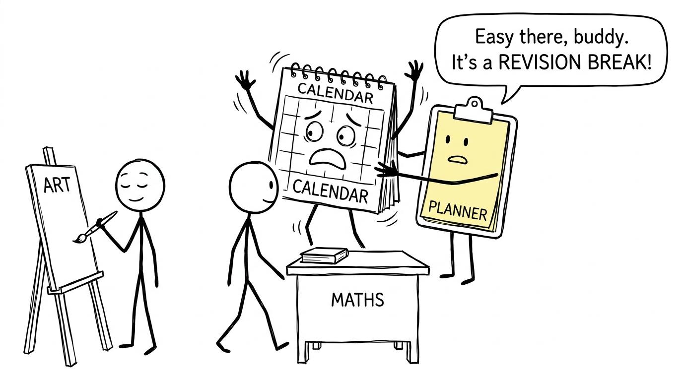 A calm student balances an art easel and Maths revision while a calendar is restrained by a planner