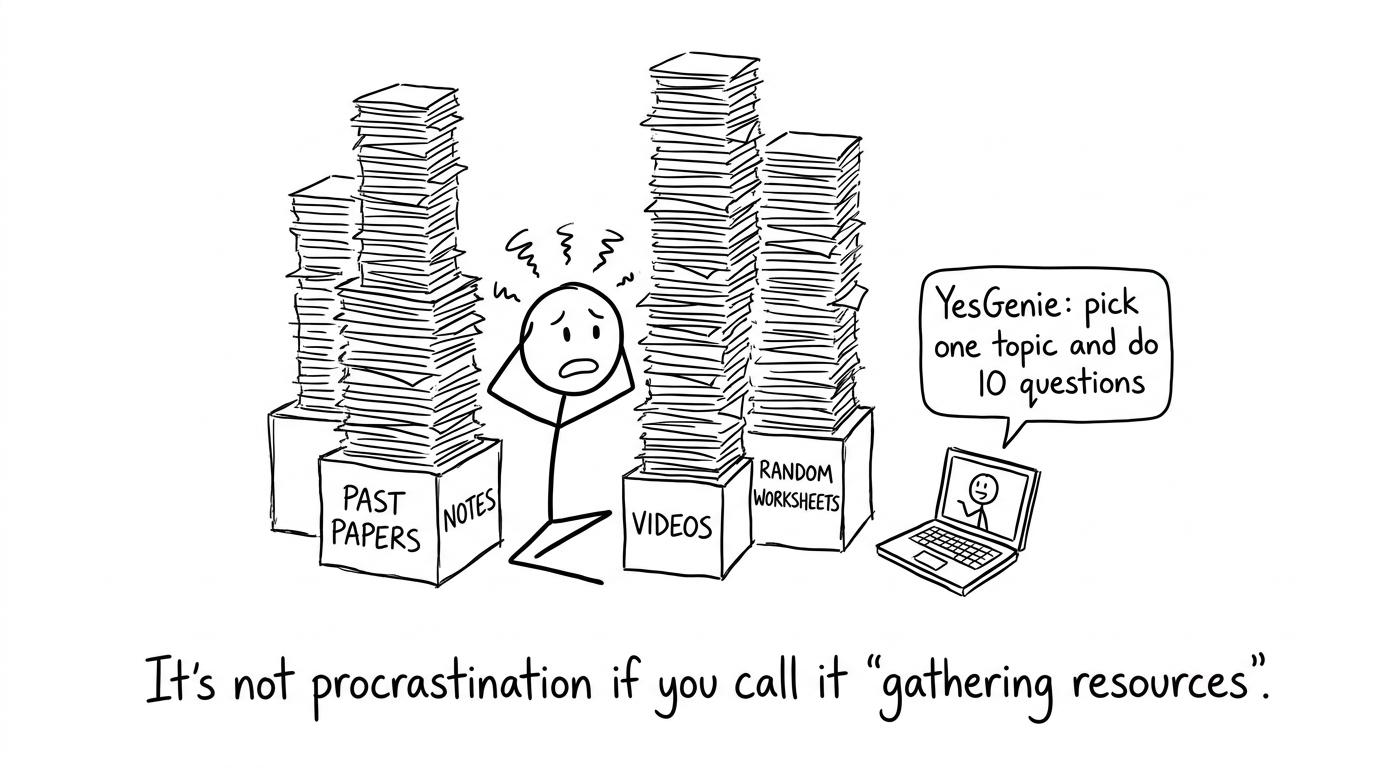 A student drowning in resources while a laptop suggests one topic and ten questions