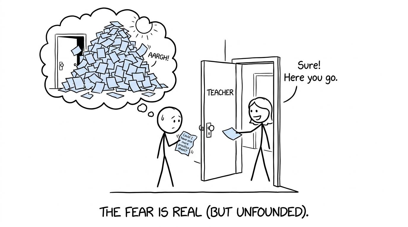 A student imagines an avalanche of worksheets while preparing to ask for one useful practice sheet