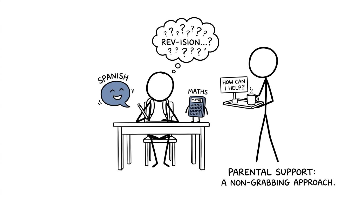 A parent offers calm practical help while Spanish and maths wait on the student's desk