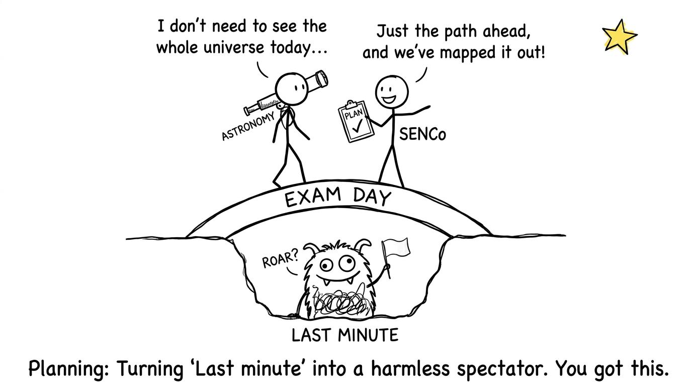 A student and SENCo carrying an Astronomy plan safely past the last-minute monster