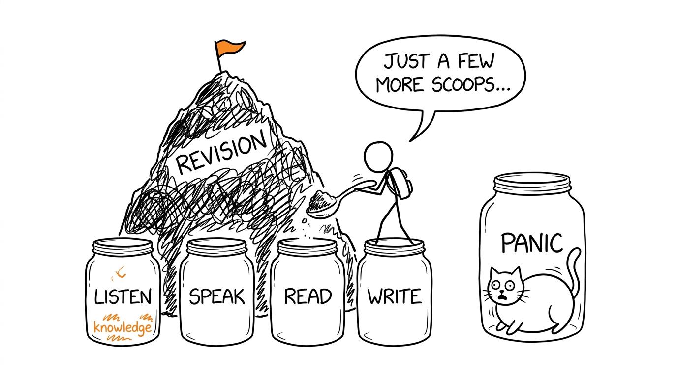 A student dividing a giant revision mountain into listening, speaking, reading and writing jars