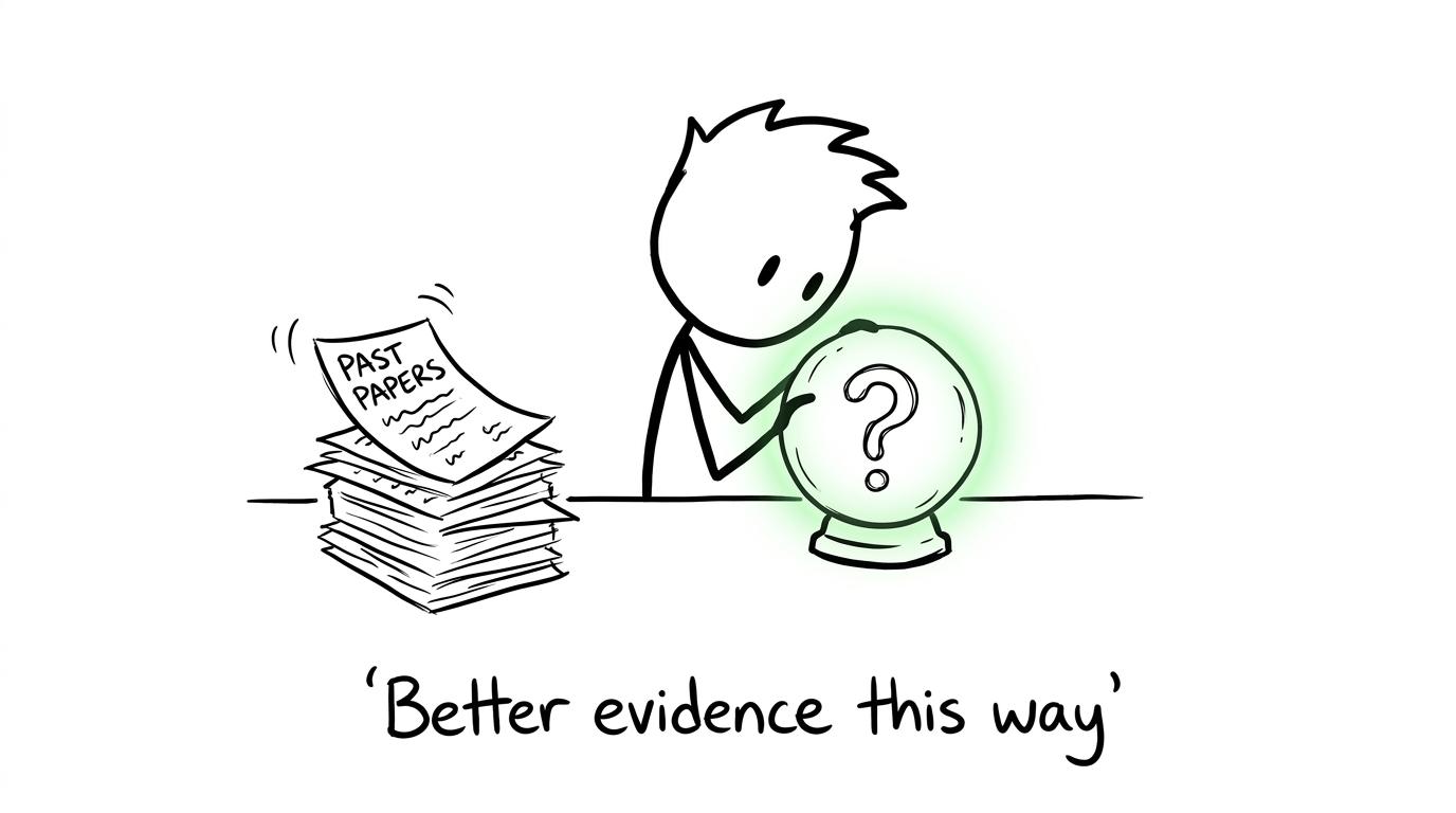 A student abandons a grade-boundary crystal ball and turns towards a useful pile of past papers