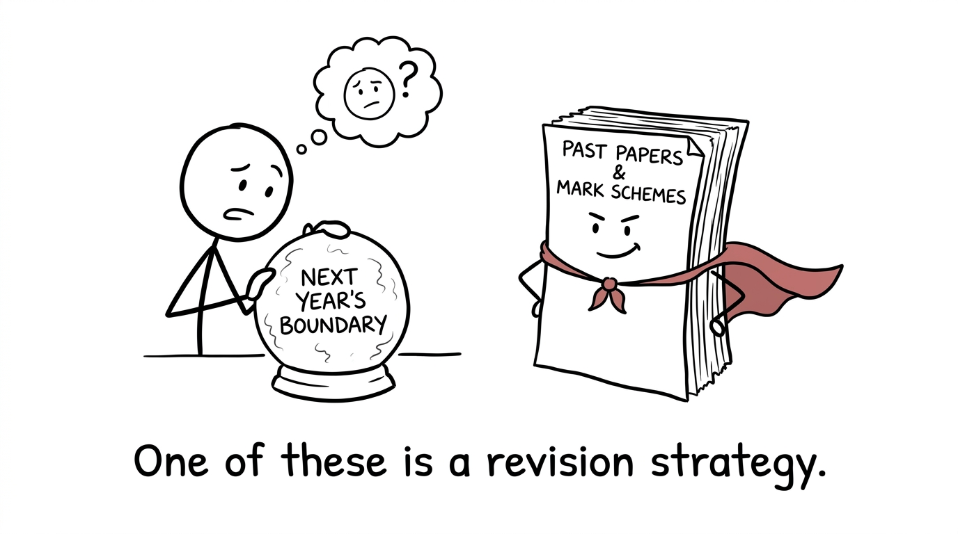 A crystal ball competes unsuccessfully with a heroic stack of past papers