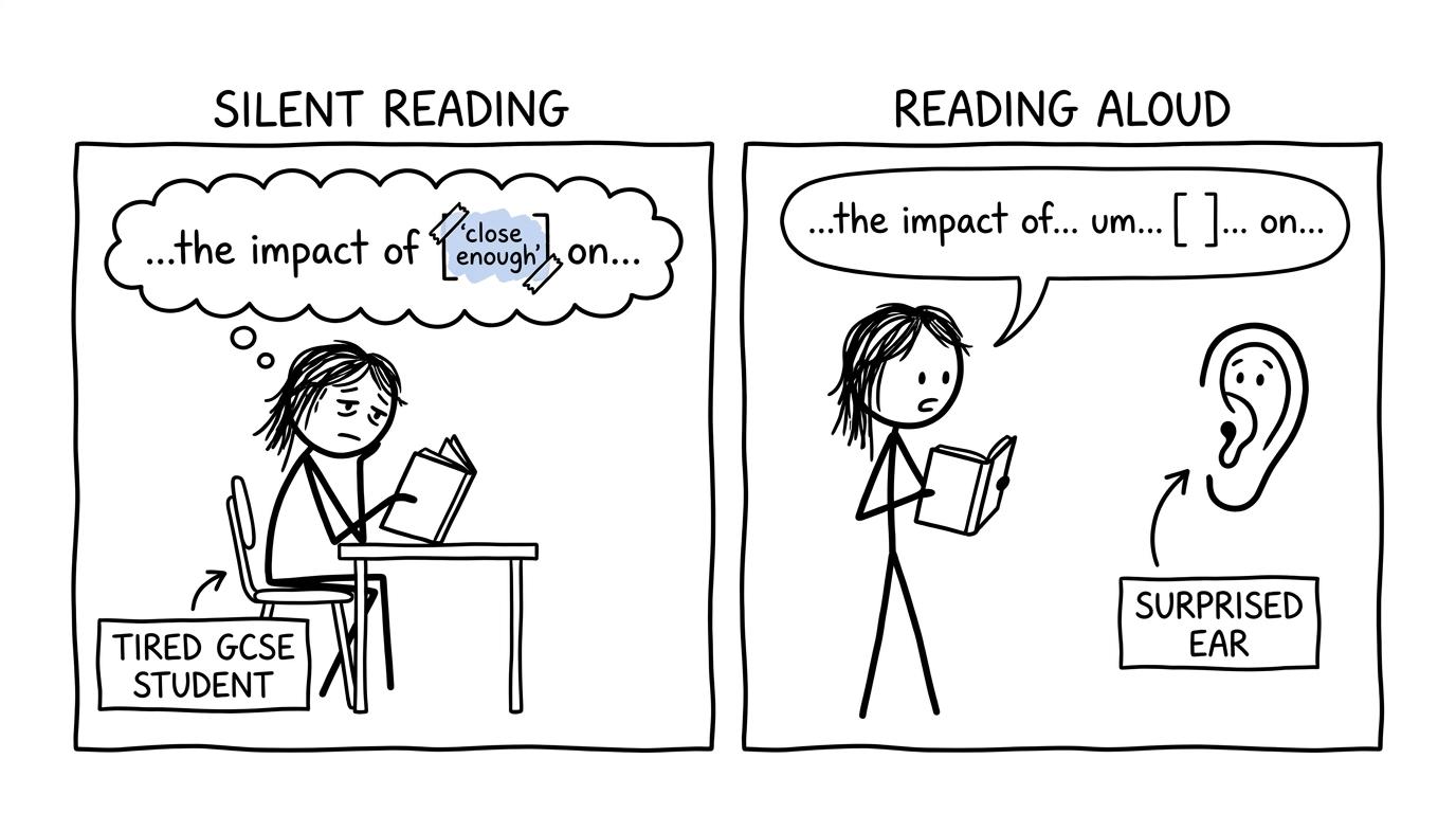 A student's brain quietly repairs a missing word until an ear notices it