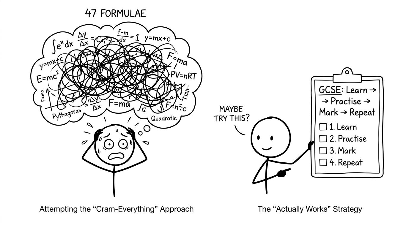 A checklist titled GCSE: Learn -> Practise -> Mark -> Repeat