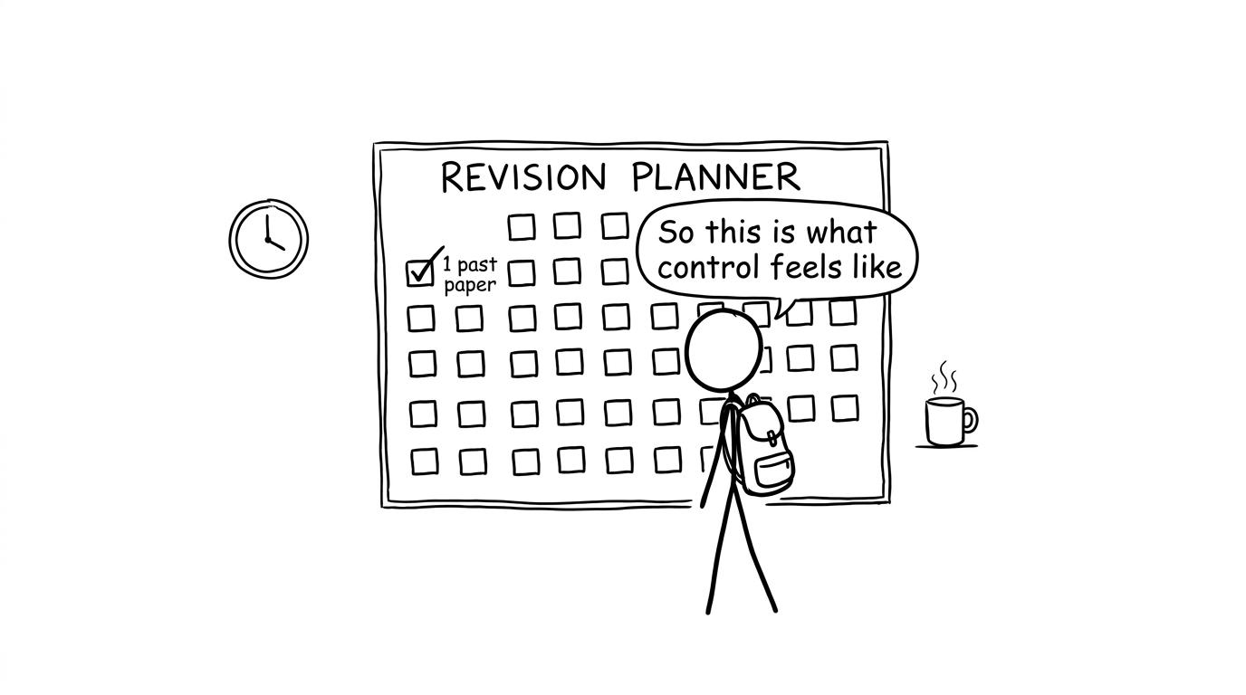 A student feeling calm with a revision planner calendar