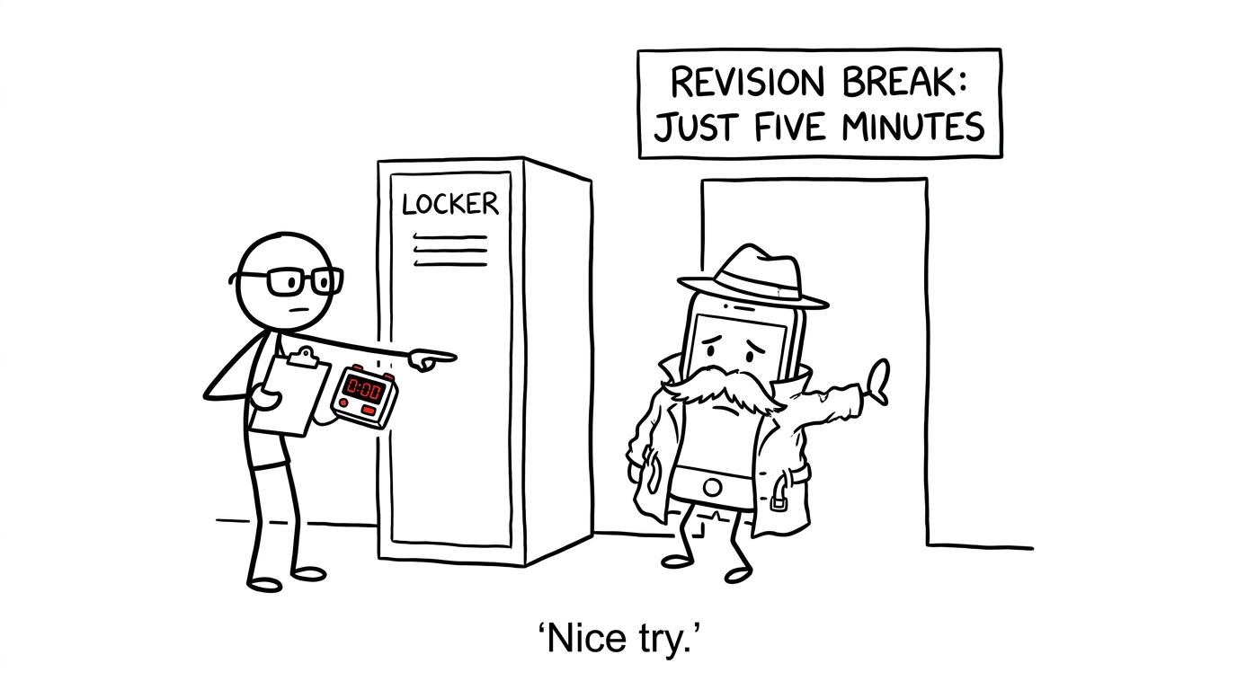 A disguised phone fails to enter a five-minute revision break
