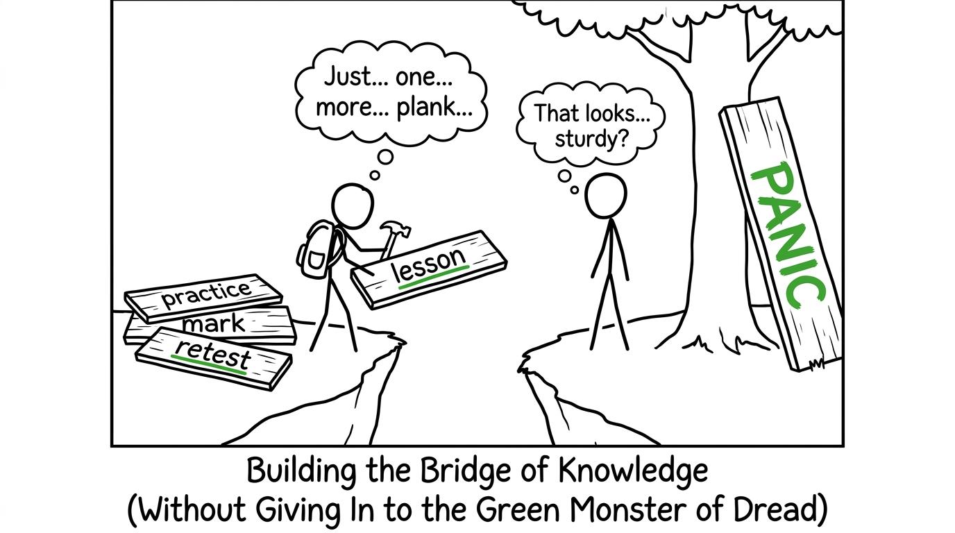 A student builds a revision bridge while leaving the panic plank unused